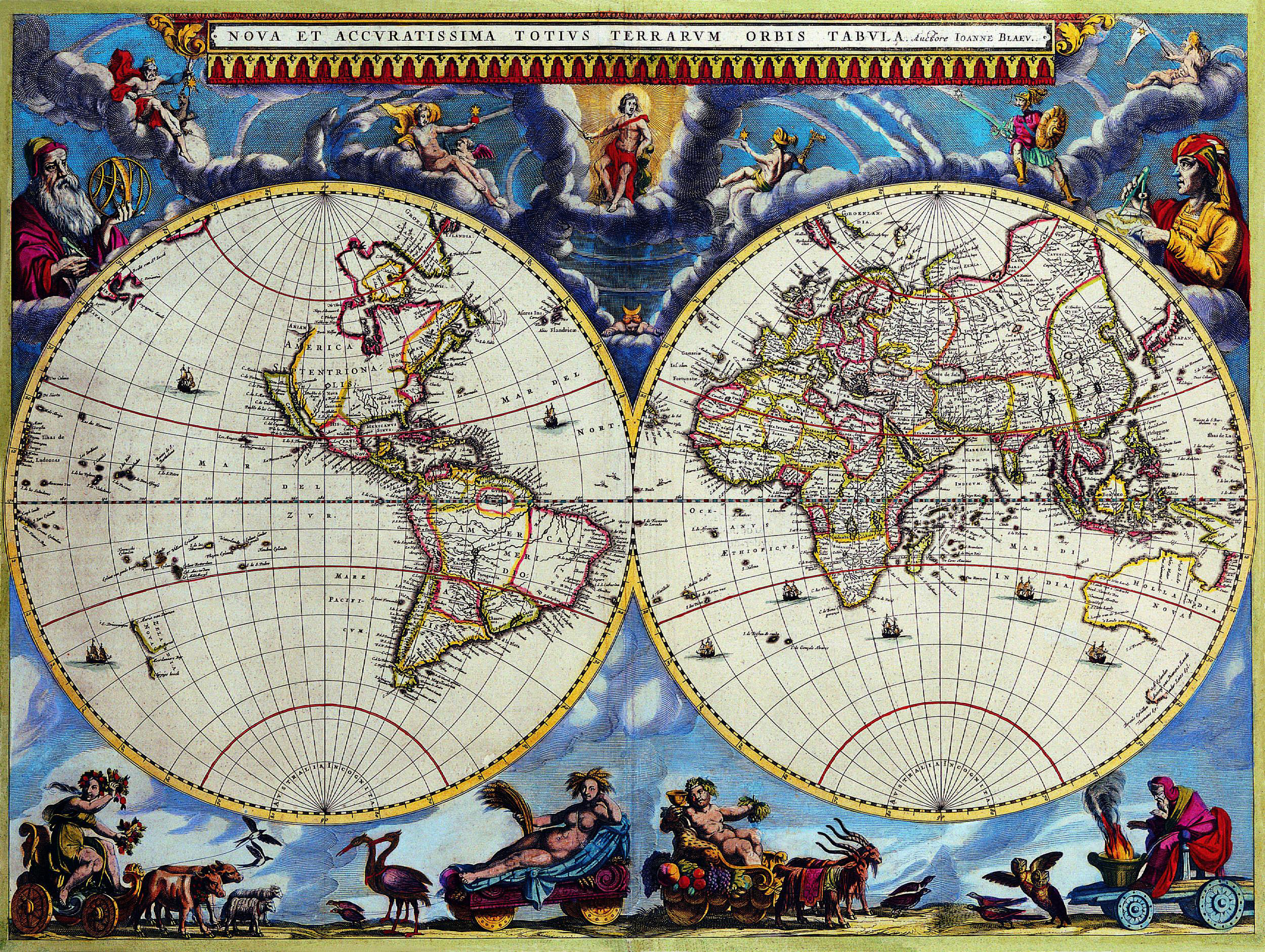 This meme is a humorous illustration of a world map from the 17th century, featuring two large circular maps that are actually the same world map, but one is a mirror image of the other. The text at the top of the image reads "Nova et Accurata Terrarum Descriptio" which translates to "New and Accurate Description of the Earth".